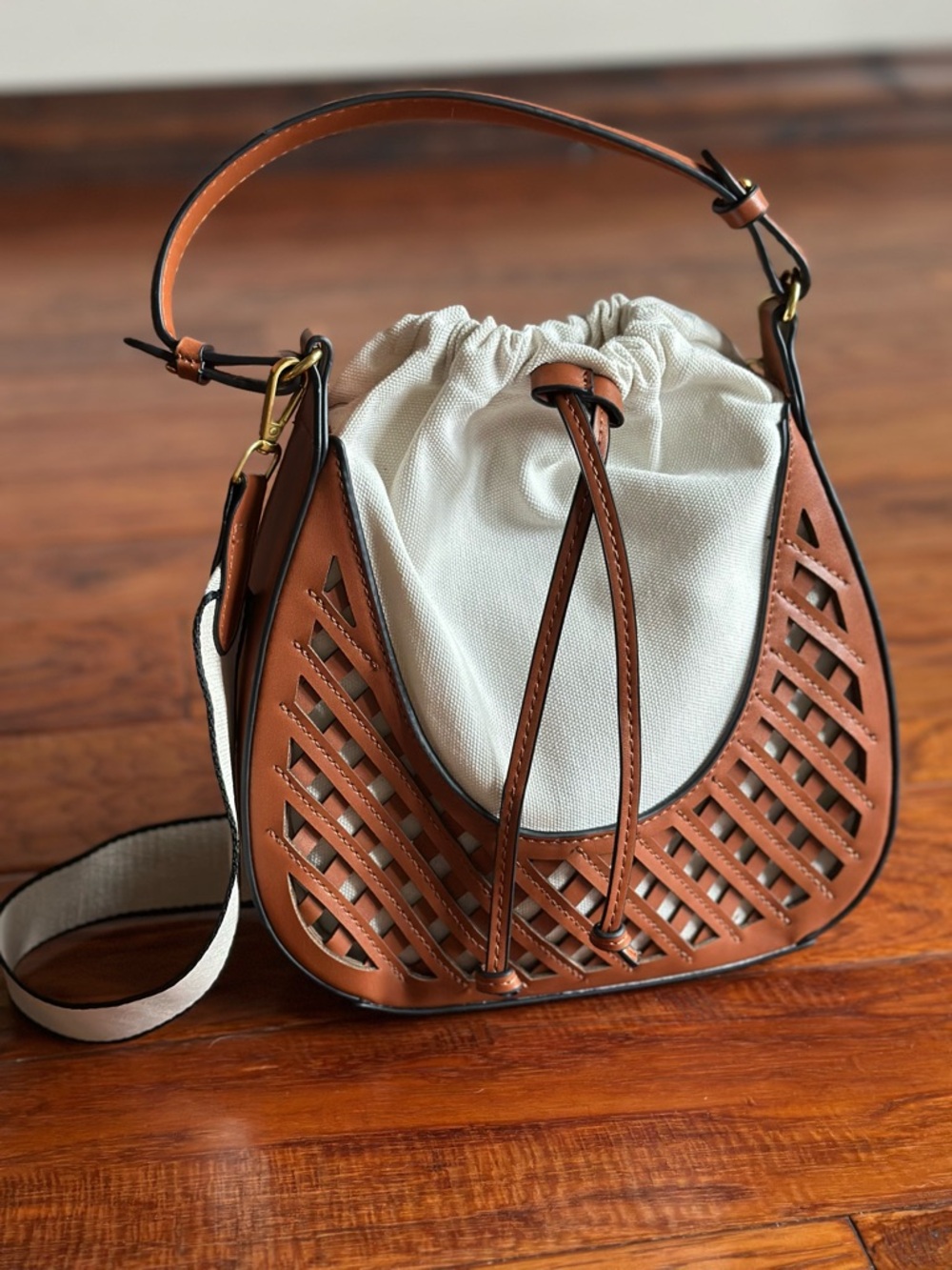 Zara Tan Cutout Contrasting Bucket Bag with Drawstring